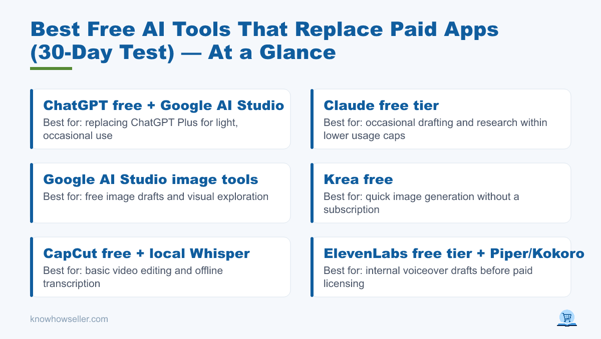 Best Free AI Tools That Replace Paid Apps (30-Day Test) — at a glance